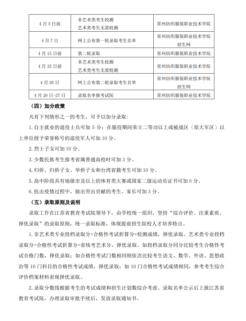 常州纺织服装职业技术学院－2022 年提前招生章程